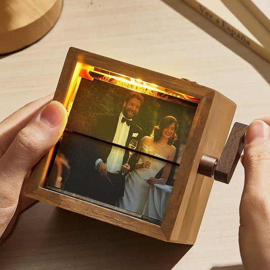 Black Walnut Hand-Crank Memory Cinema – Personalized Flipbook Photo Box with Warm LED Light, Anniversary Gift My Custom Gift Store