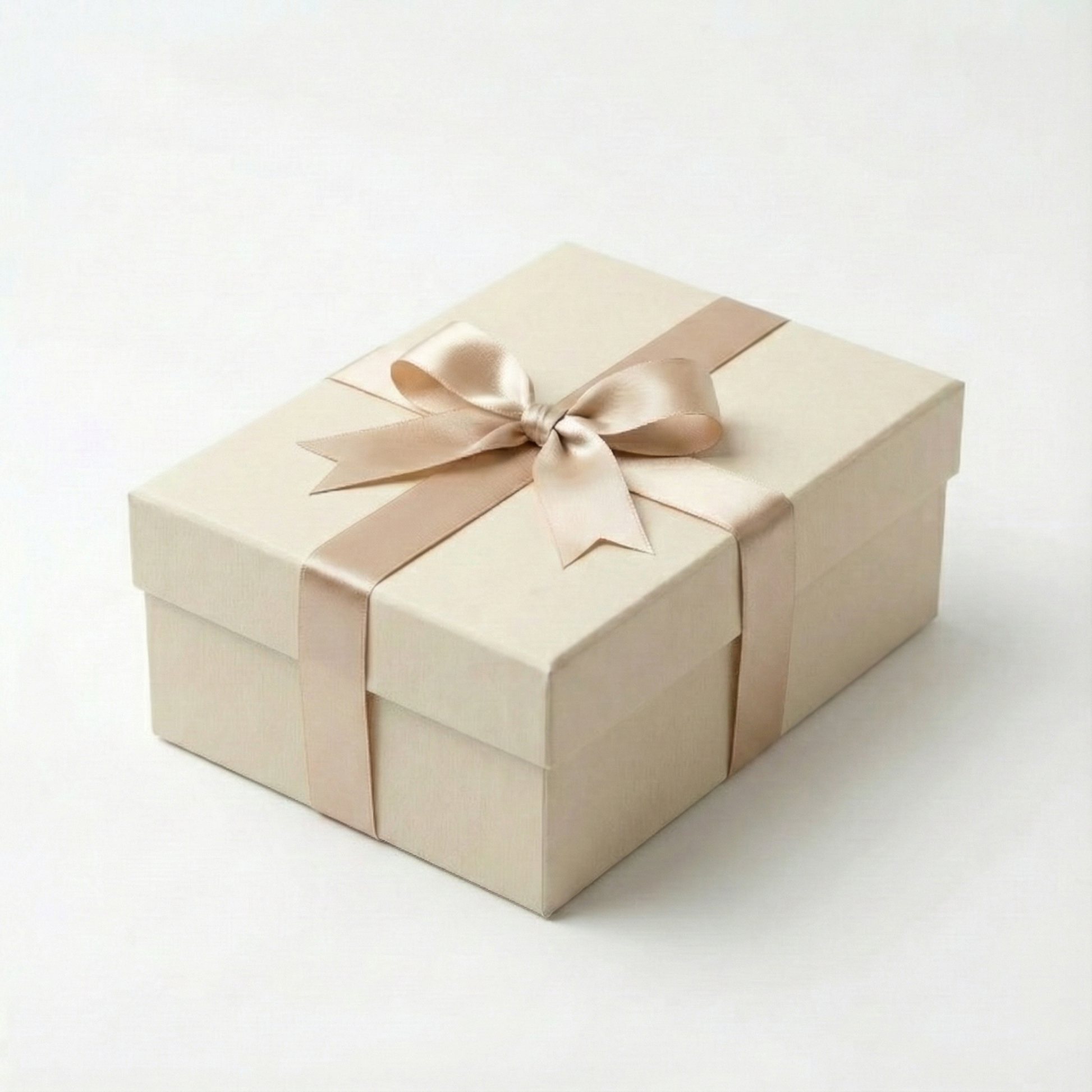 Beige gift box with a beige ribbon on a white background