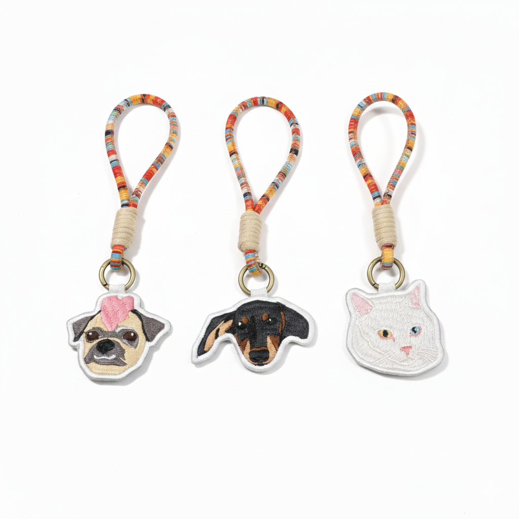 Three keychains with dog, cat, and pug designs on a white background