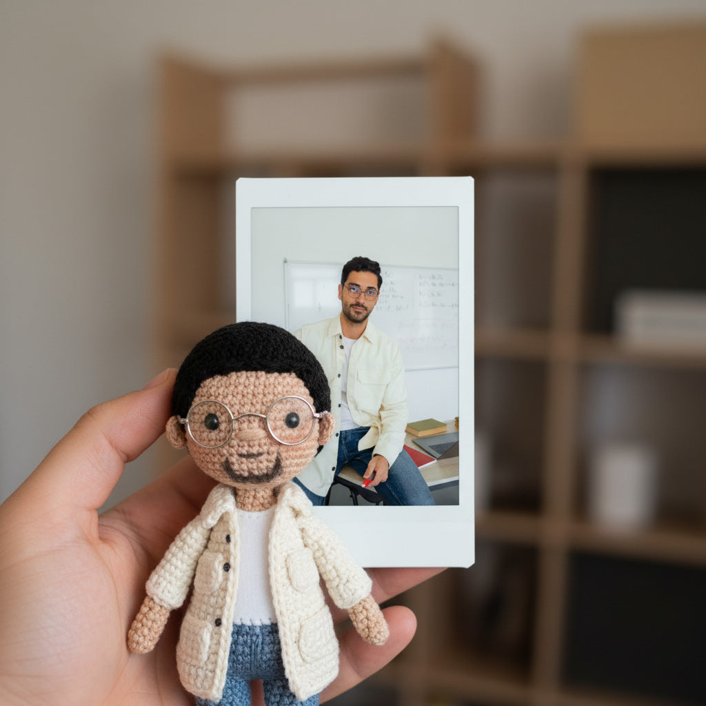 Hand holding a small crochet doll with a photo of a man in the background