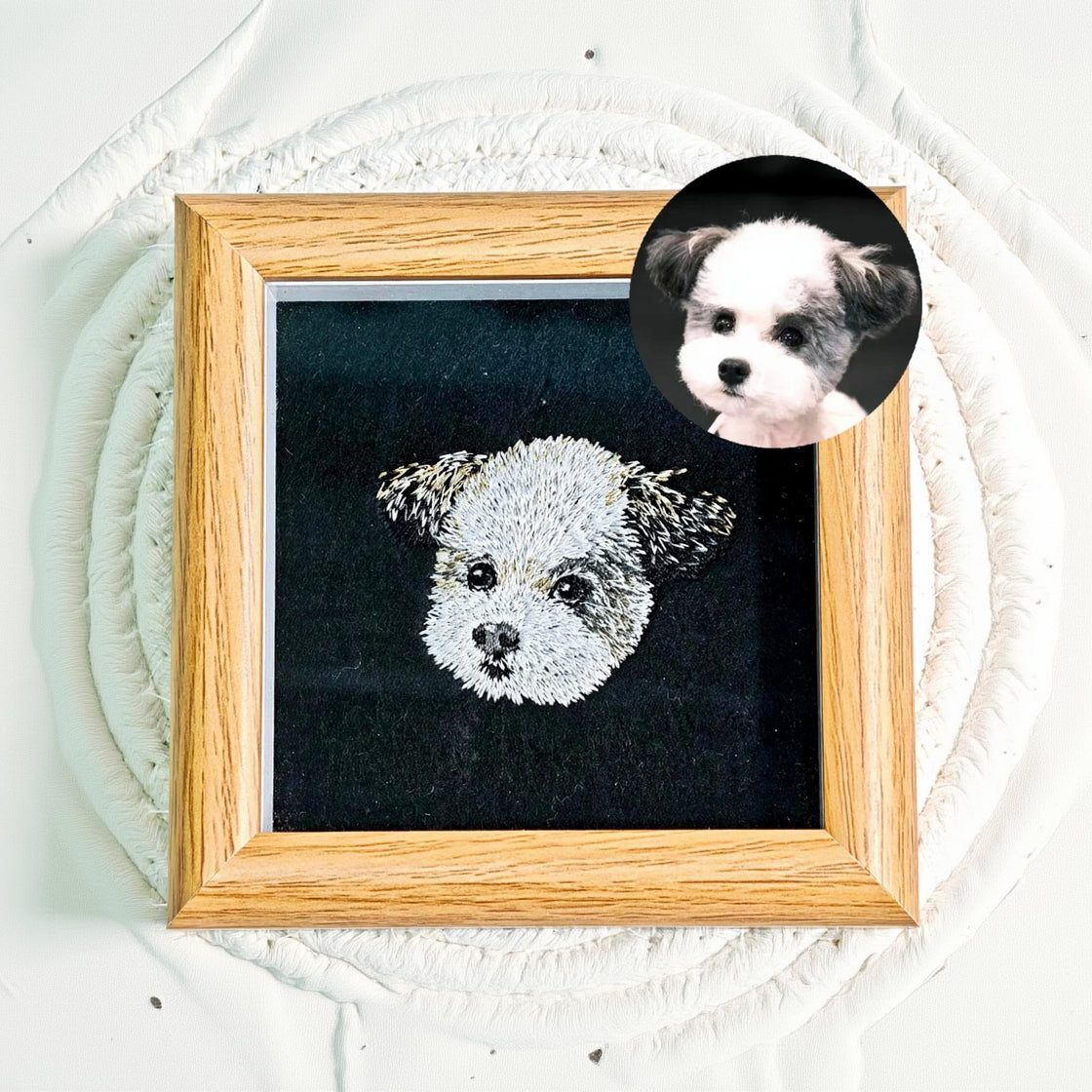 Custom hand embroidered pet portrait - front view