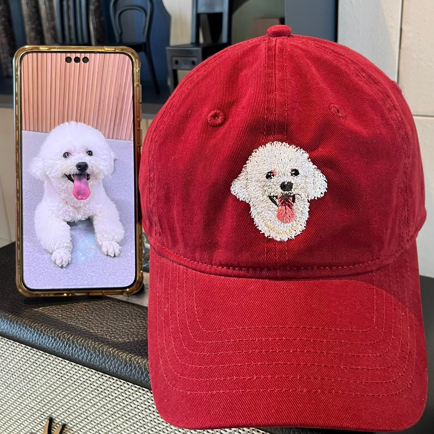 Custom hand embroidered pet portrait - lifestyle photo