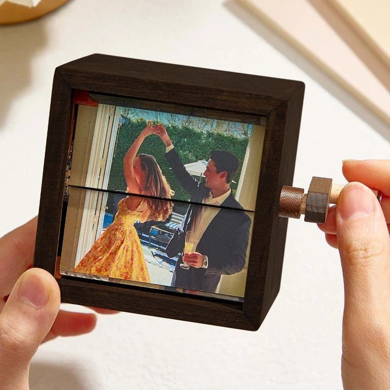 Black Walnut Hand-Crank Memory Cinema – Personalized Flipbook Photo Box with Warm LED Light, Anniversary Gift My Custom Gift Store