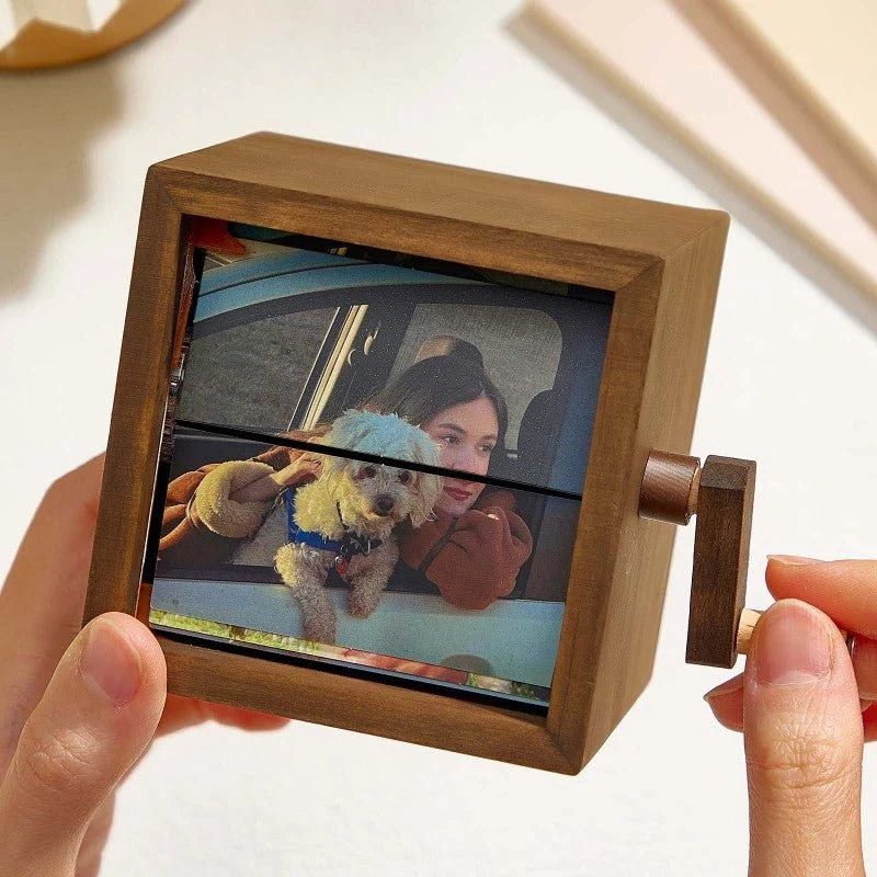 Black Walnut Hand-Crank Memory Cinema – Personalized Flipbook Photo Box with Warm LED Light, Anniversary Gift My Custom Gift Store