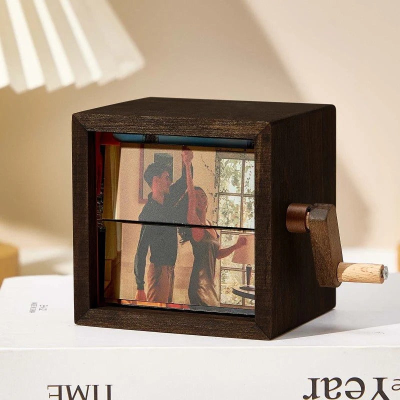 Black Walnut Hand-Crank Memory Cinema – Personalized Flipbook Photo Box with Warm LED Light, Anniversary Gift My Custom Gift Store
