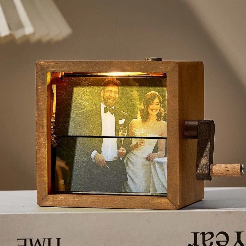 Black Walnut Hand-Crank Memory Cinema – Personalized Flipbook Photo Box with Warm LED Light, Anniversary Gift My Custom Gift Store