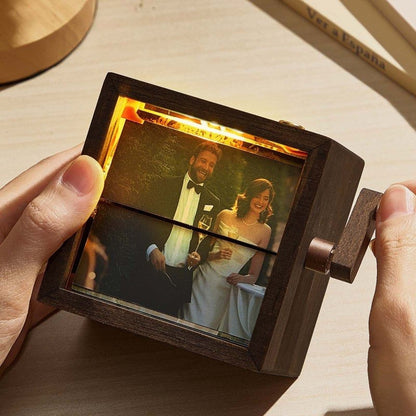 Black Walnut Hand-Crank Memory Cinema – Personalized Flipbook Photo Box with Warm LED Light, Anniversary Gift My Custom Gift Store