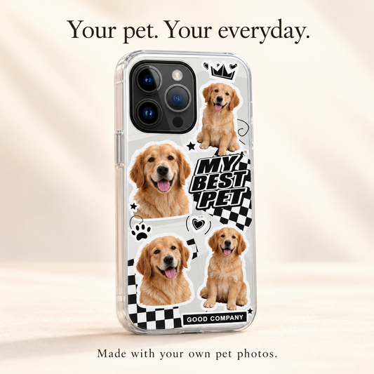 Golden retriever photo collage phone case on an ivory background. Sample personalized design.