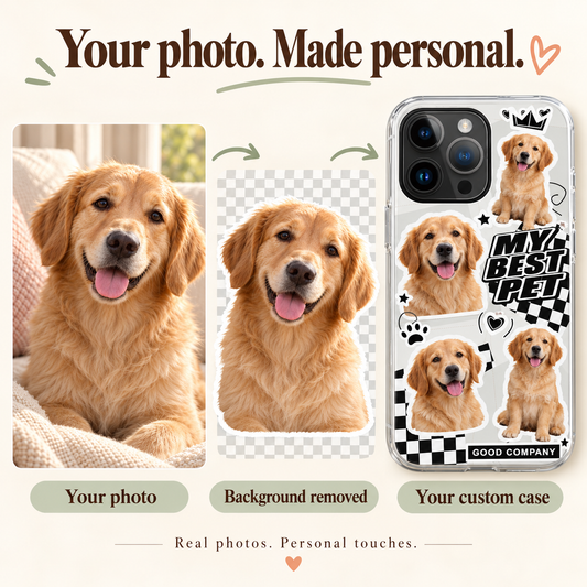 Pet photo personalization example: original golden retriever photo, background removed, and custom phone case.