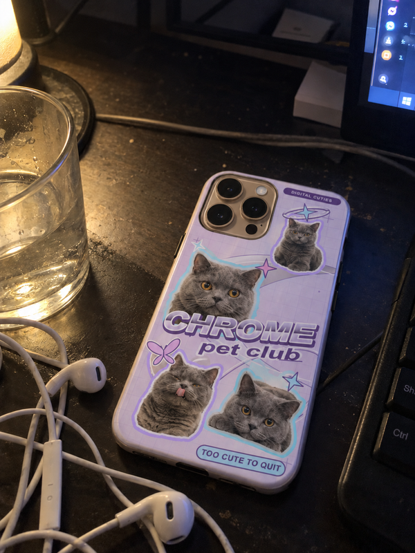 Pet collage case featuring a grey shorthair cat, photographed on its own.