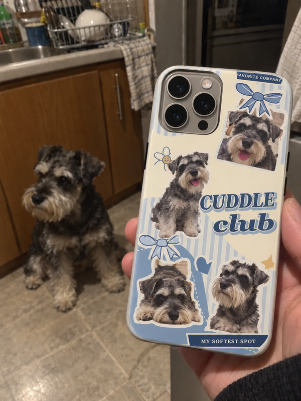 Pet collage phone case shown beside a salt-and-pepper schnauzer.