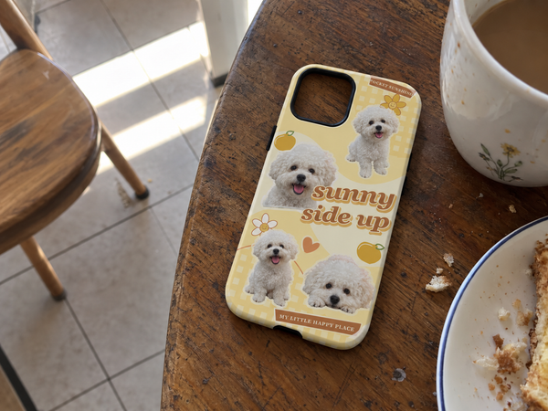 Pet collage case featuring a white bichon dog, photographed on its own.