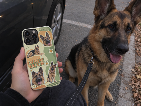 Pet collage phone case shown beside a German shepherd.