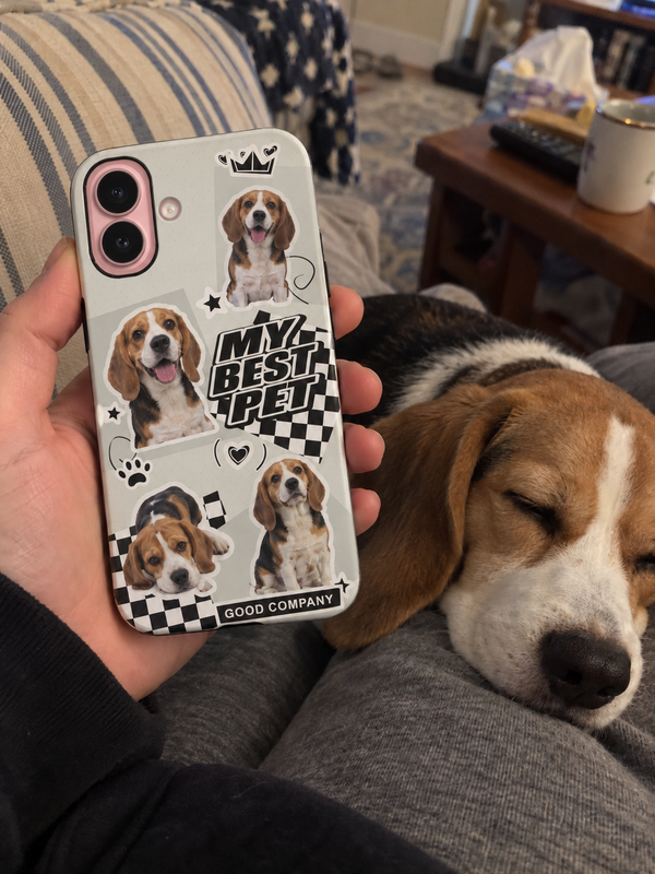 Pet collage phone case shown beside a tricolor beagle.