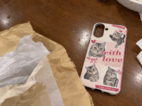 Pet collage case featuring a silver tabby cat, photographed on its own.
