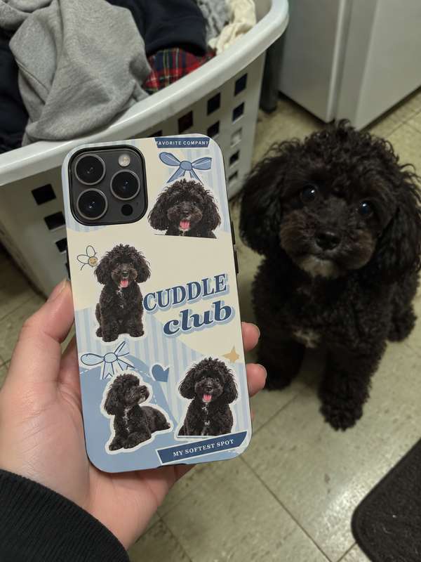 Pet collage phone case shown beside a black toy poodle.