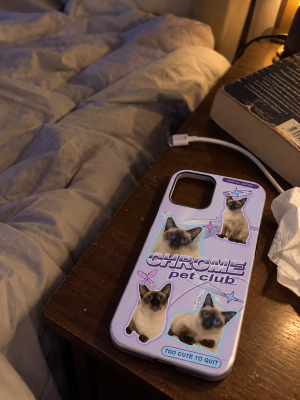 Pet collage case featuring a short-haired Siamese cat, photographed on its own.