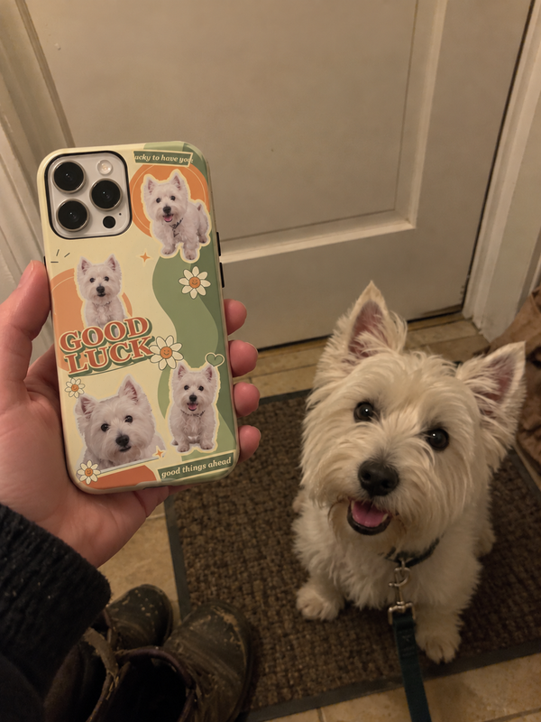 Pet collage phone case shown beside a West Highland white terrier.