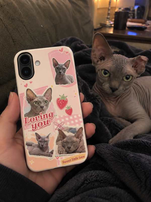 Pet collage phone case shown beside a grey sphynx cat.