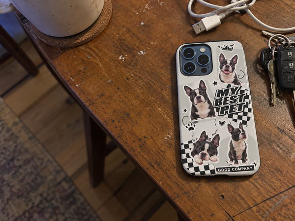 Pet collage case featuring a Boston terrier, photographed on its own.