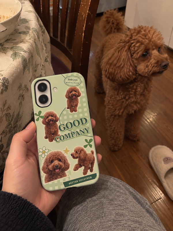 Pet collage phone case shown beside a red-brown miniature poodle.